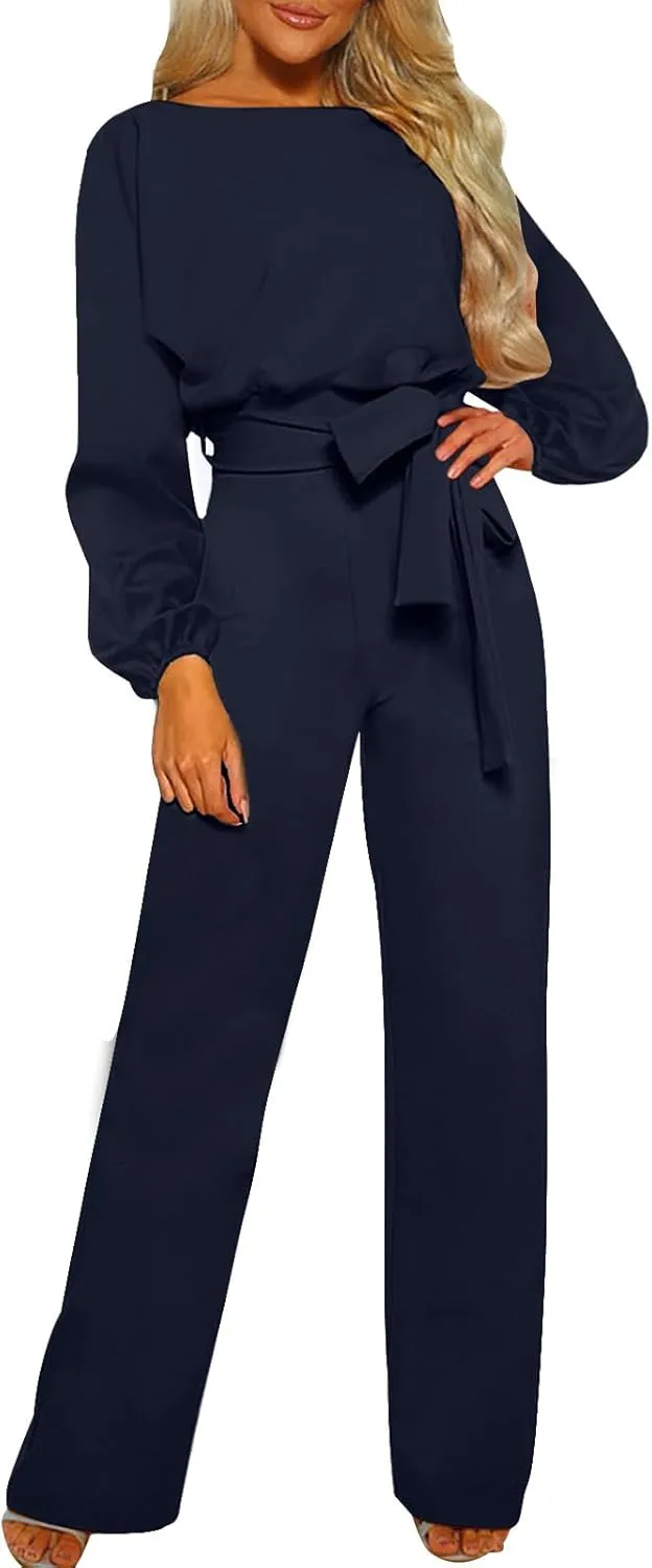 Womens 2024 Fall Jumpsuit Long Sleeve Belted Wide Leg Pant Romper Business Casual Dressy One Piece Outfits Navy