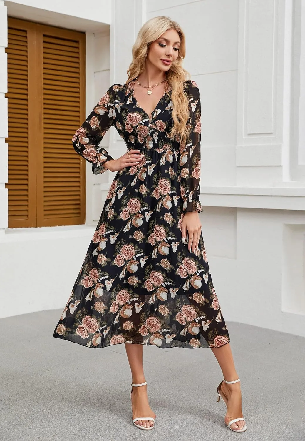 Women's 2025 Floral Summer Maxi Dress, Spring Long Sleeve V-Neck Empire Waist Dress, Flowy Wedding Guest Dresses