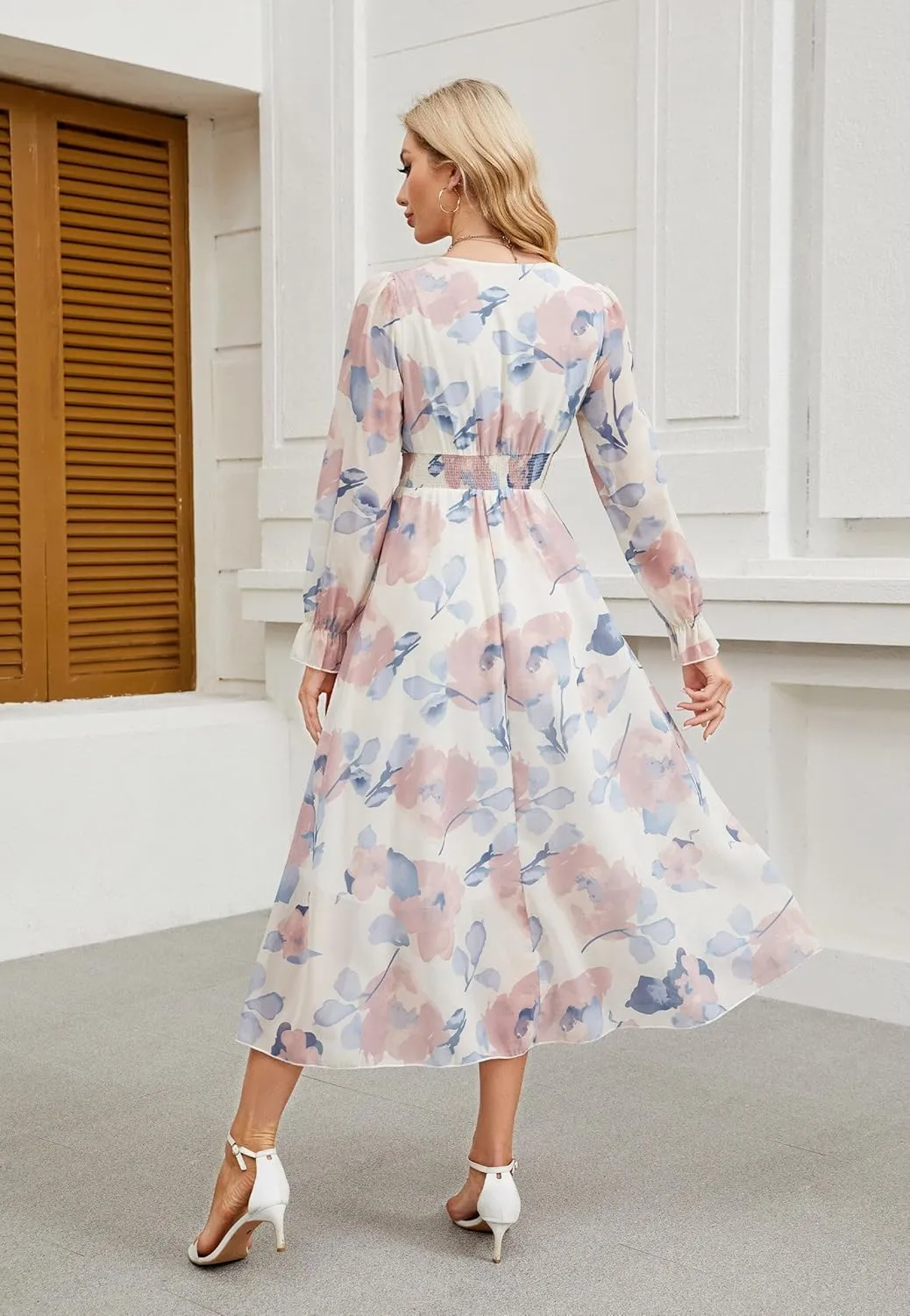 Women's 2025 Floral Summer Maxi Dress, Spring Long Sleeve V-Neck Empire Waist Dress, Flowy Wedding Guest Dresses