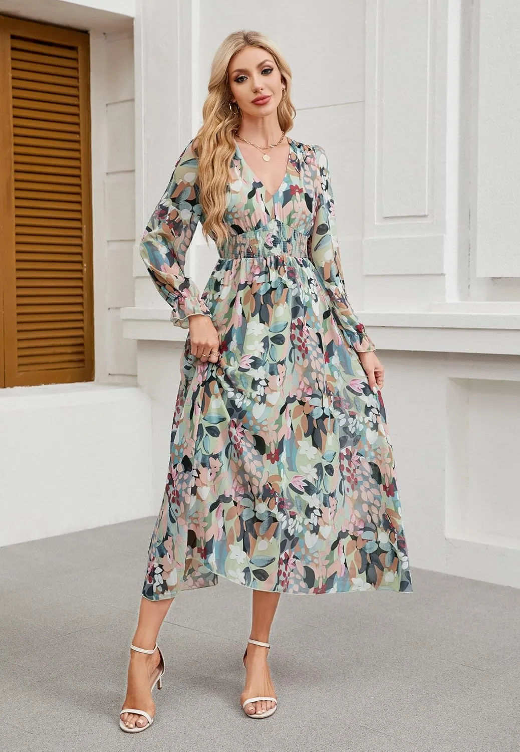 Women's 2025 Floral Summer Maxi Dress, Spring Long Sleeve V-Neck Empire Waist Dress, Flowy Wedding Guest Dresses