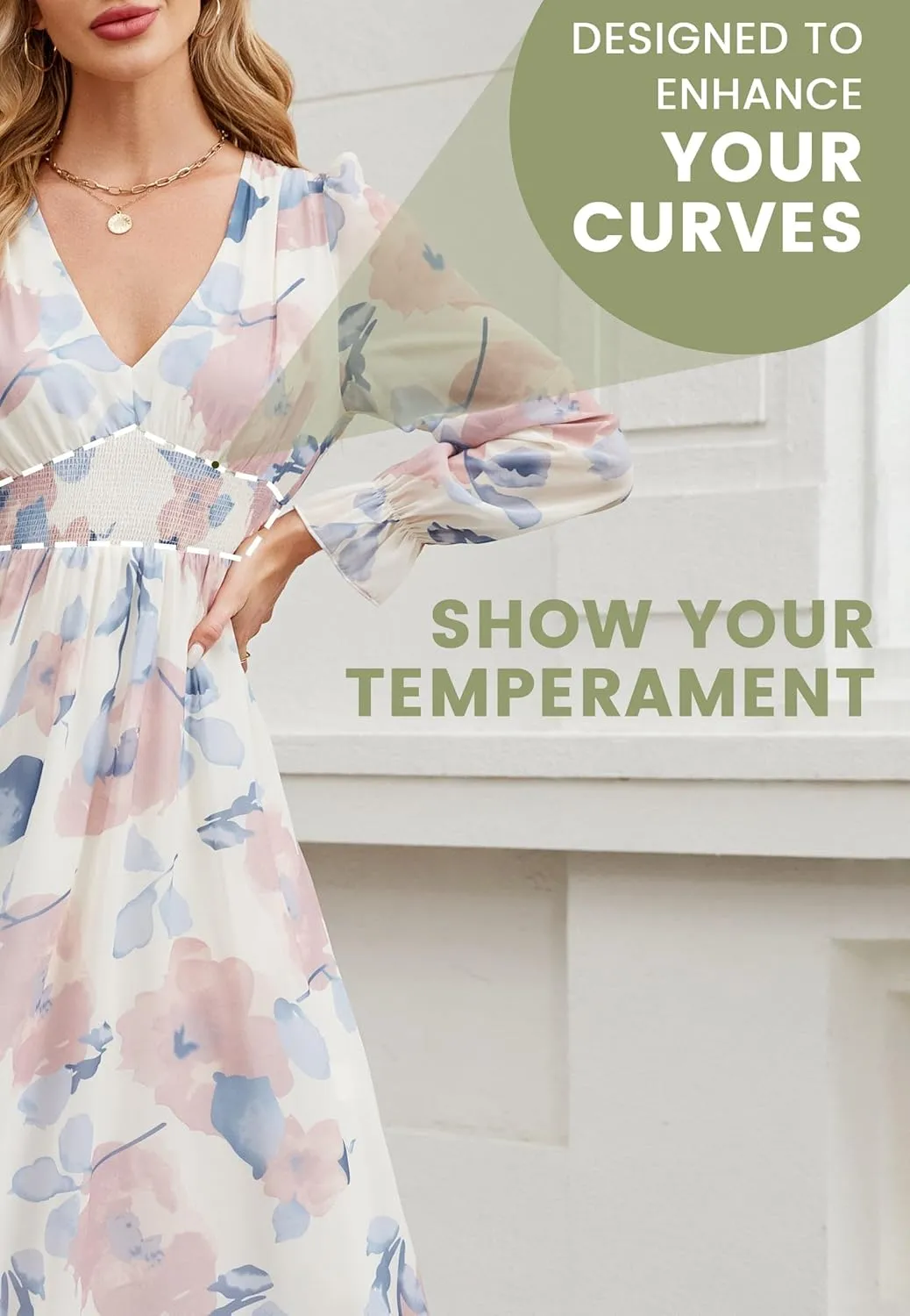 Women's 2025 Floral Summer Maxi Dress, Spring Long Sleeve V-Neck Empire Waist Dress, Flowy Wedding Guest Dresses