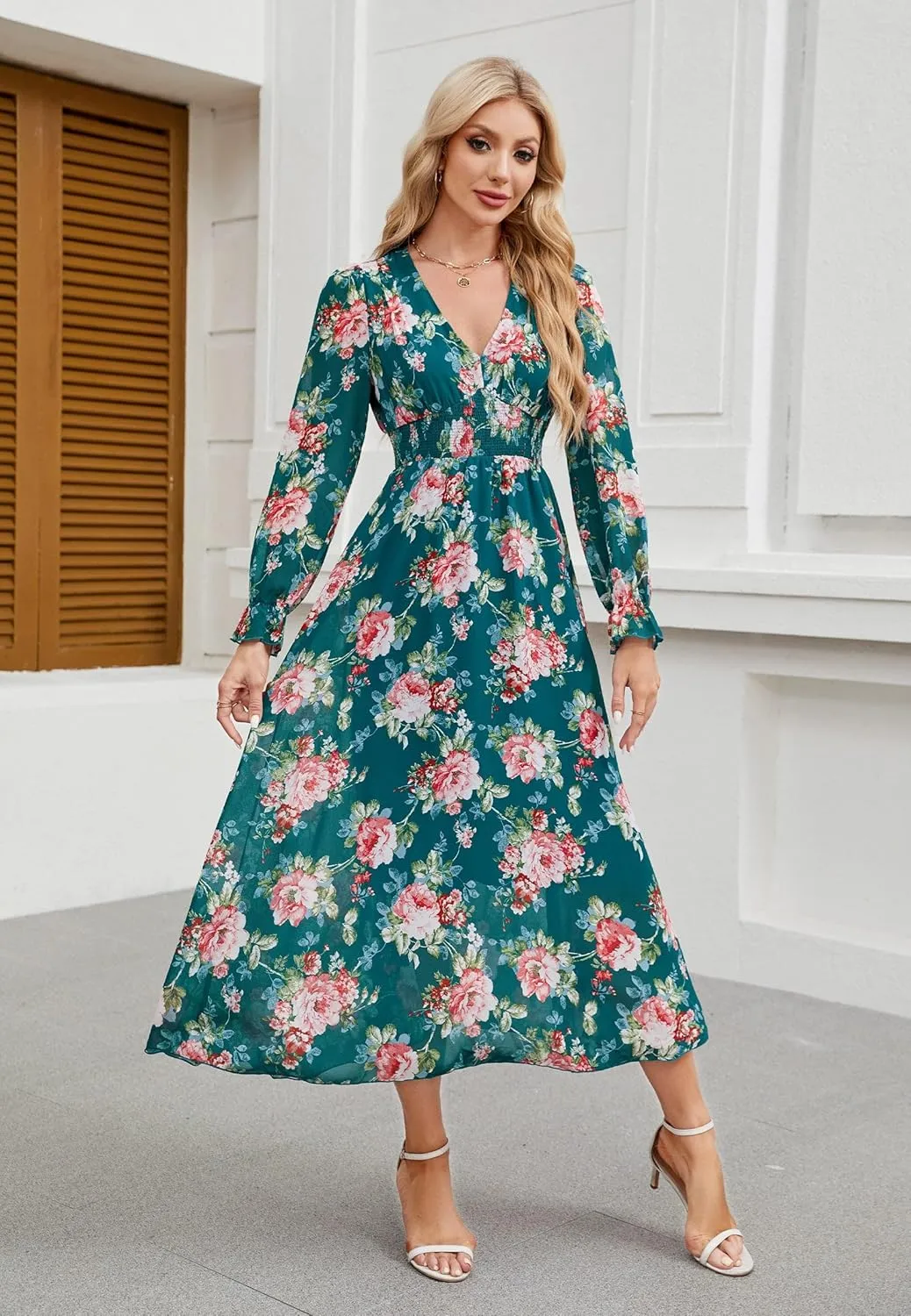 Women's 2025 Floral Summer Maxi Dress, Spring Long Sleeve V-Neck Empire Waist Dress, Flowy Wedding Guest Dresses