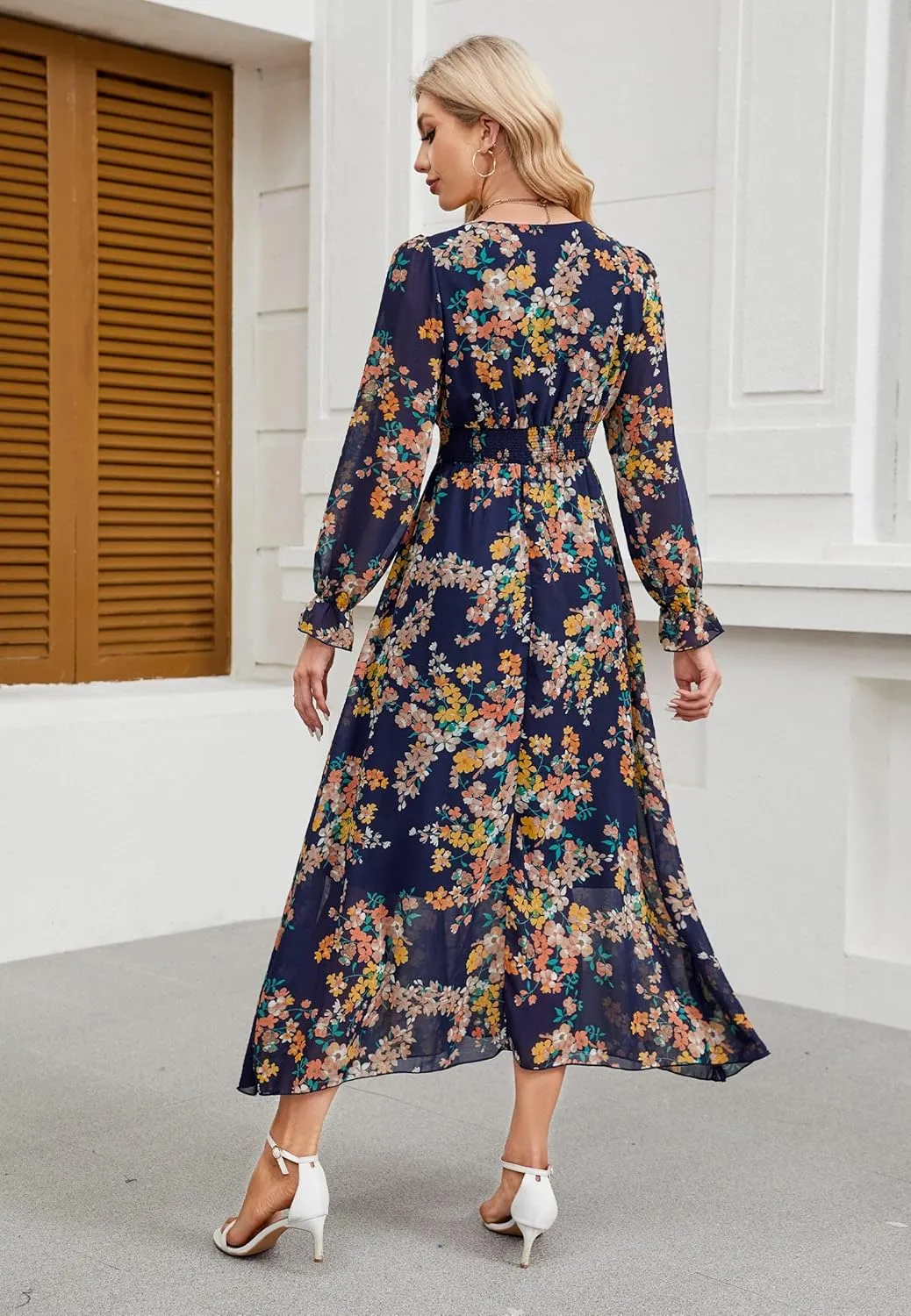 Women's 2025 Floral Summer Maxi Dress, Spring Long Sleeve V-Neck Empire Waist Dress, Flowy Wedding Guest Dresses