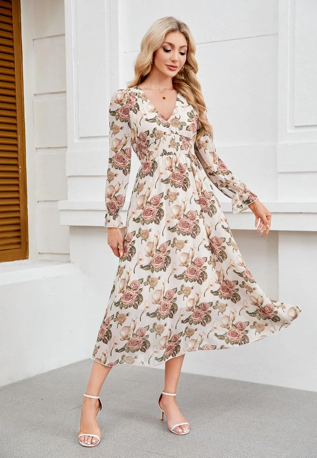 Women's 2025 Floral Summer Maxi Dress, Spring Long Sleeve V-Neck Empire Waist Dress, Flowy Wedding Guest Dresses