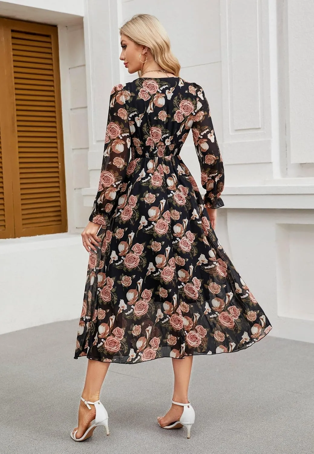 Women's 2025 Floral Summer Maxi Dress, Spring Long Sleeve V-Neck Empire Waist Dress, Flowy Wedding Guest Dresses
