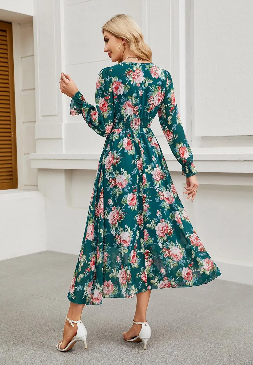 Women's 2025 Floral Summer Maxi Dress, Spring Long Sleeve V-Neck Empire Waist Dress, Flowy Wedding Guest Dresses