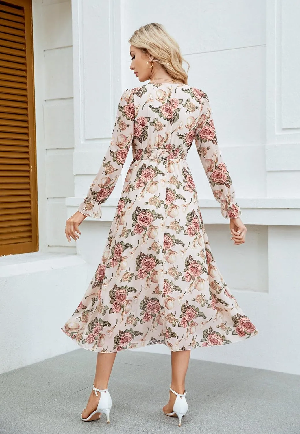 Women's 2025 Floral Summer Maxi Dress, Spring Long Sleeve V-Neck Empire Waist Dress, Flowy Wedding Guest Dresses