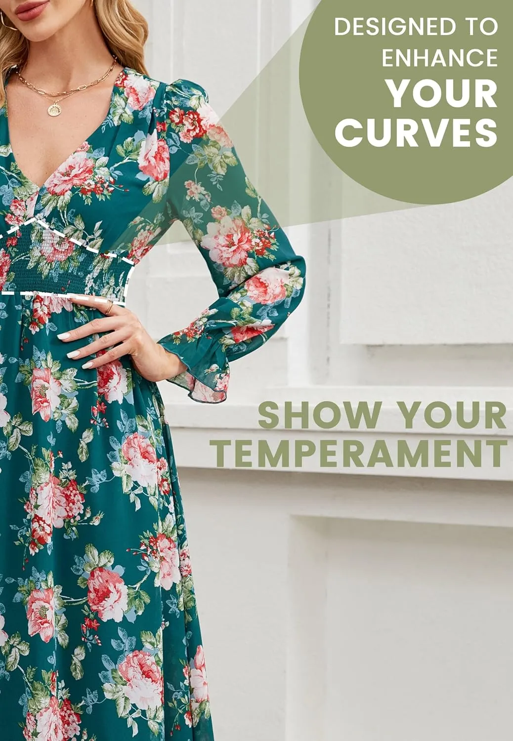 Women's 2025 Floral Summer Maxi Dress, Spring Long Sleeve V-Neck Empire Waist Dress, Flowy Wedding Guest Dresses