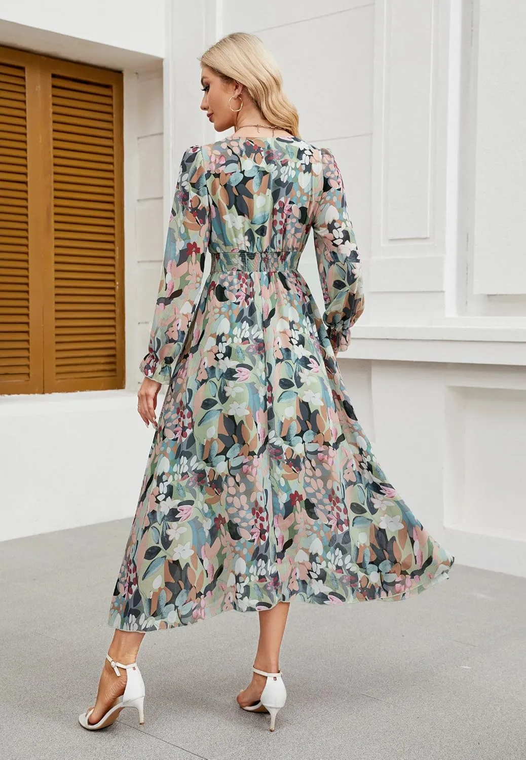 Women's 2025 Floral Summer Maxi Dress, Spring Long Sleeve V-Neck Empire Waist Dress, Flowy Wedding Guest Dresses