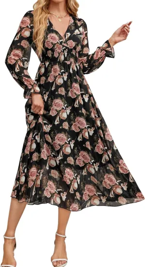 Women's 2025 Floral Summer Maxi Dress, Spring Long Sleeve V-Neck Empire Waist Dress, Flowy Wedding Guest Dresses