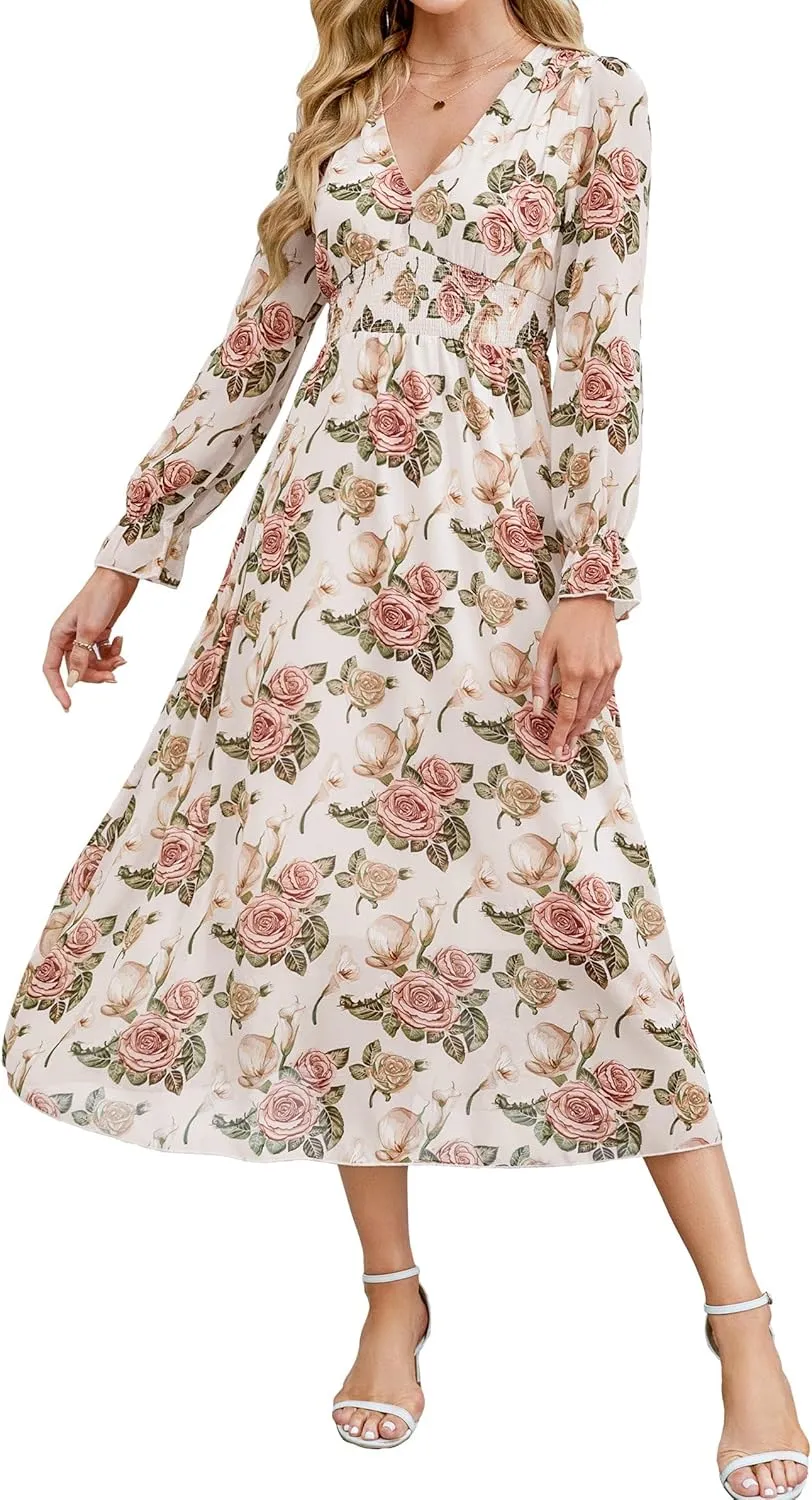 Women's 2025 Floral Summer Maxi Dress, Spring Long Sleeve V-Neck Empire Waist Dress, Flowy Wedding Guest Dresses