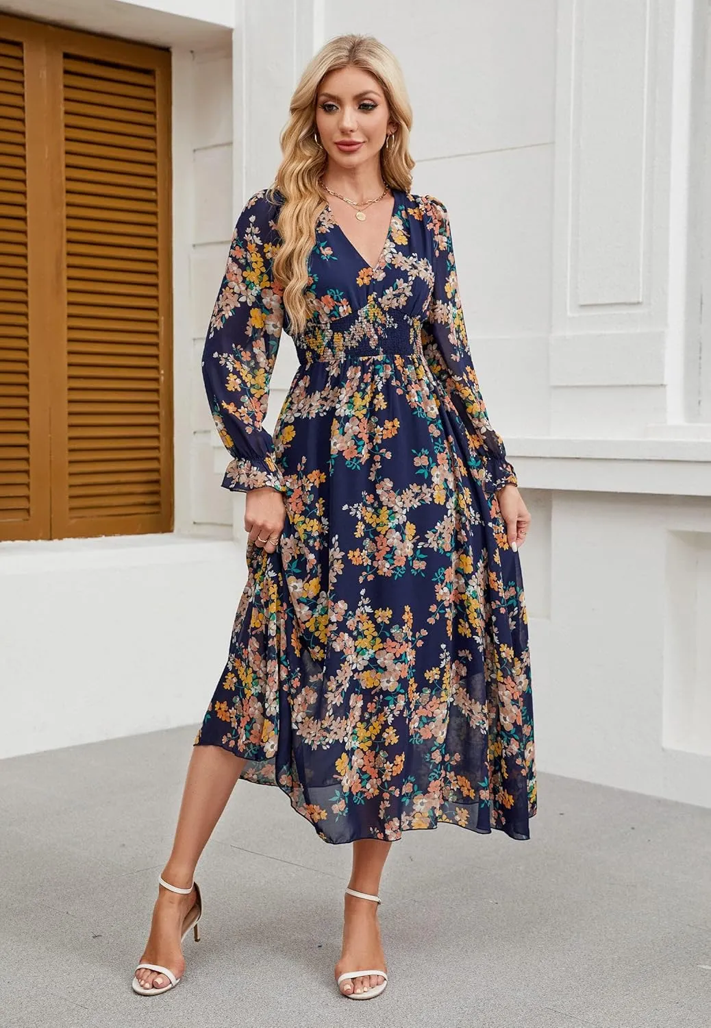 Women's 2025 Floral Summer Maxi Dress, Spring Long Sleeve V-Neck Empire Waist Dress, Flowy Wedding Guest Dresses