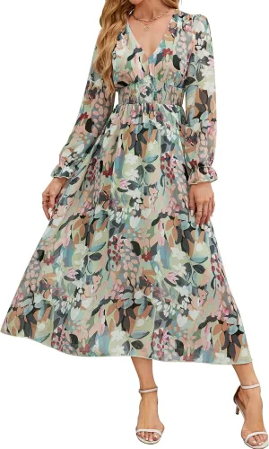 Women's 2025 Floral Summer Maxi Dress, Spring Long Sleeve V-Neck Empire Waist Dress, Flowy Wedding Guest Dresses