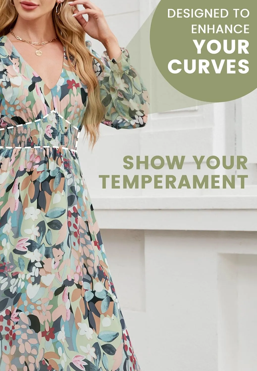 Women's 2025 Floral Summer Maxi Dress, Spring Long Sleeve V-Neck Empire Waist Dress, Flowy Wedding Guest Dresses