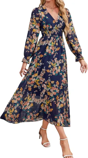 Women's 2025 Floral Summer Maxi Dress, Spring Long Sleeve V-Neck Empire Waist Dress, Flowy Wedding Guest Dresses