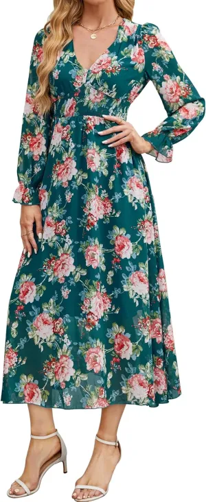 Women's 2025 Floral Summer Maxi Dress, Spring Long Sleeve V-Neck Empire Waist Dress, Flowy Wedding Guest Dresses