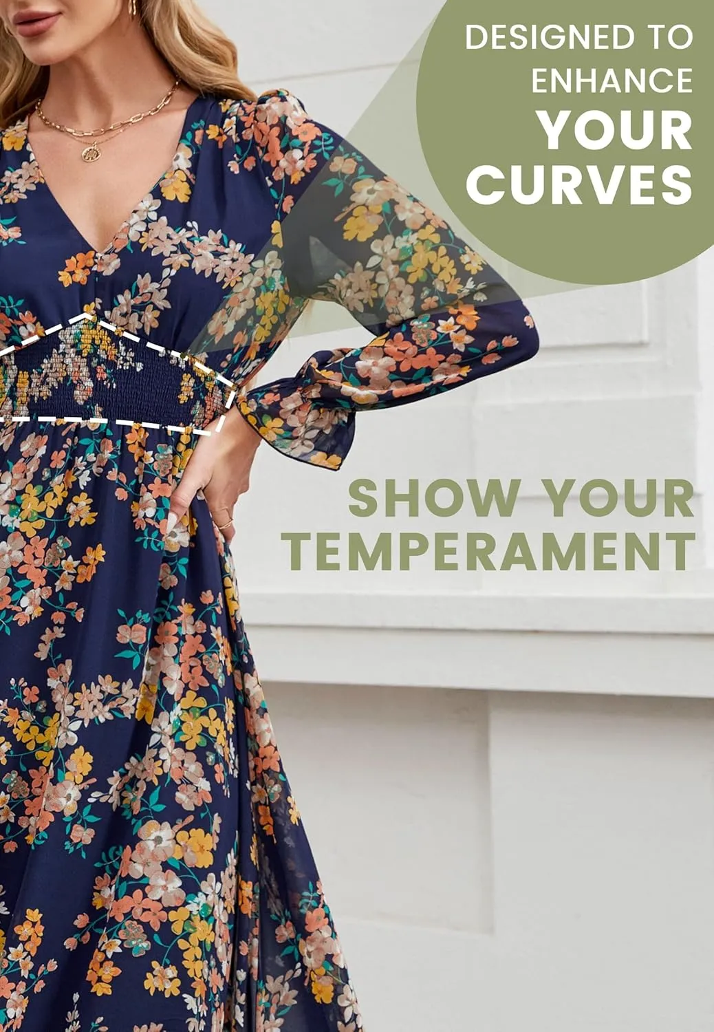 Women's 2025 Floral Summer Maxi Dress, Spring Long Sleeve V-Neck Empire Waist Dress, Flowy Wedding Guest Dresses