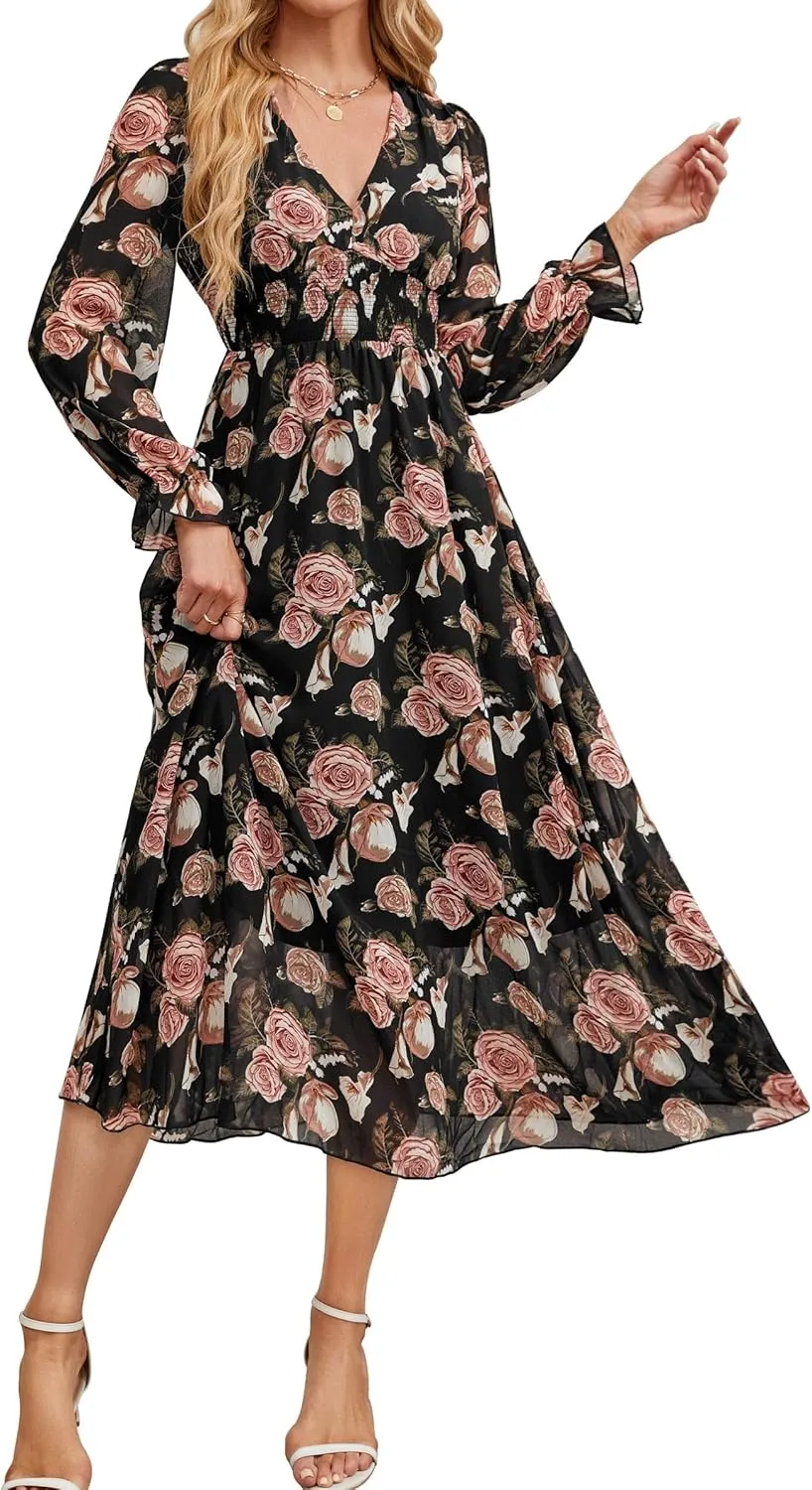 Women's 2025 Floral Summer Maxi Dress, Spring Long Sleeve V-Neck Empire Waist Dress, Flowy Wedding Guest Dresses