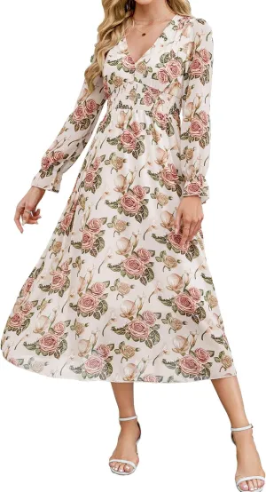 Women's 2025 Floral Summer Maxi Dress, Spring Long Sleeve V-Neck Empire Waist Dress, Flowy Wedding Guest Dresses