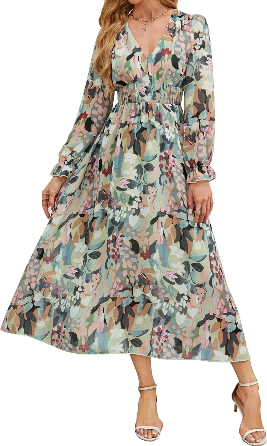 Women's 2025 Floral Summer Maxi Dress, Spring Long Sleeve V-Neck Empire Waist Dress, Flowy Wedding Guest Dresses