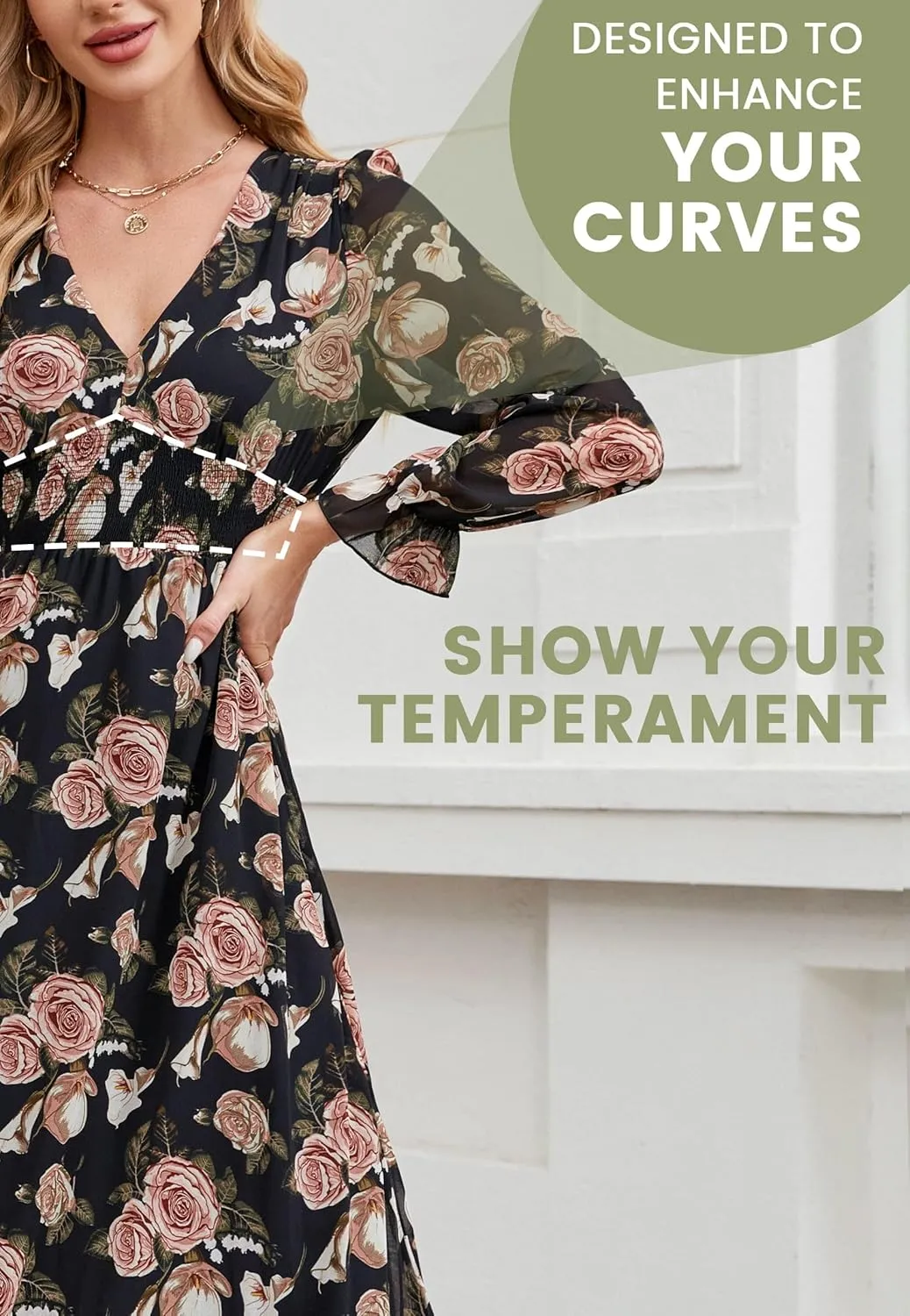Women's 2025 Floral Summer Maxi Dress, Spring Long Sleeve V-Neck Empire Waist Dress, Flowy Wedding Guest Dresses