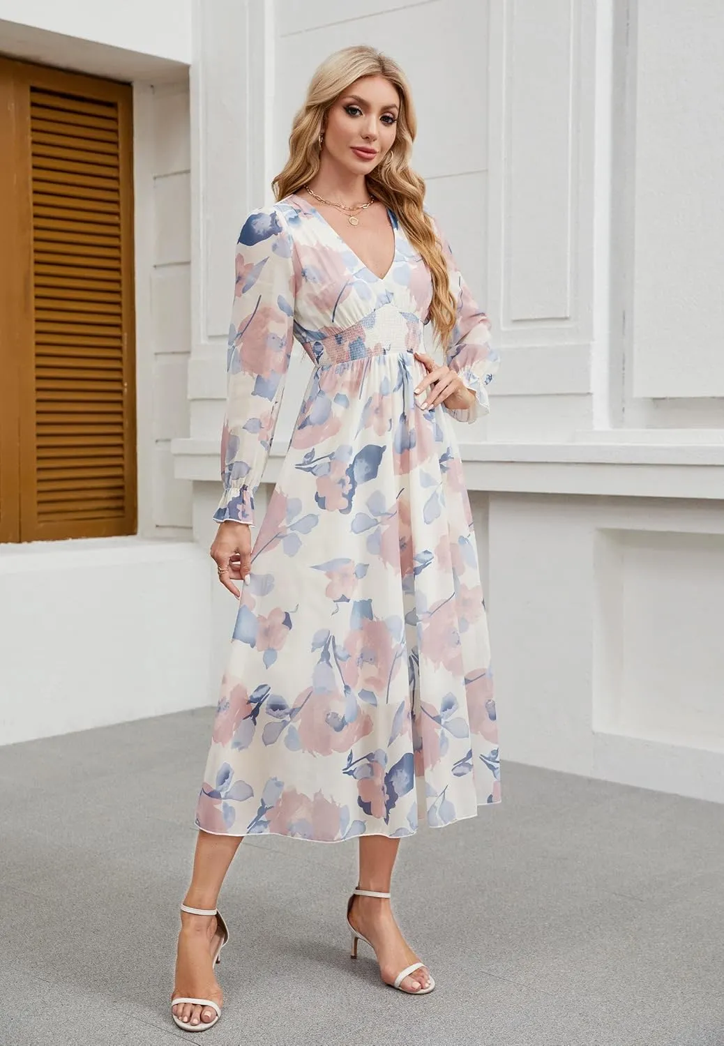 Women's 2025 Floral Summer Maxi Dress, Spring Long Sleeve V-Neck Empire Waist Dress, Flowy Wedding Guest Dresses