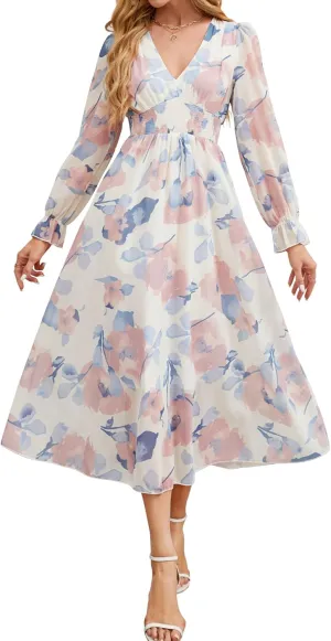 Women's 2025 Floral Summer Maxi Dress, Spring Long Sleeve V-Neck Empire Waist Dress, Flowy Wedding Guest Dresses