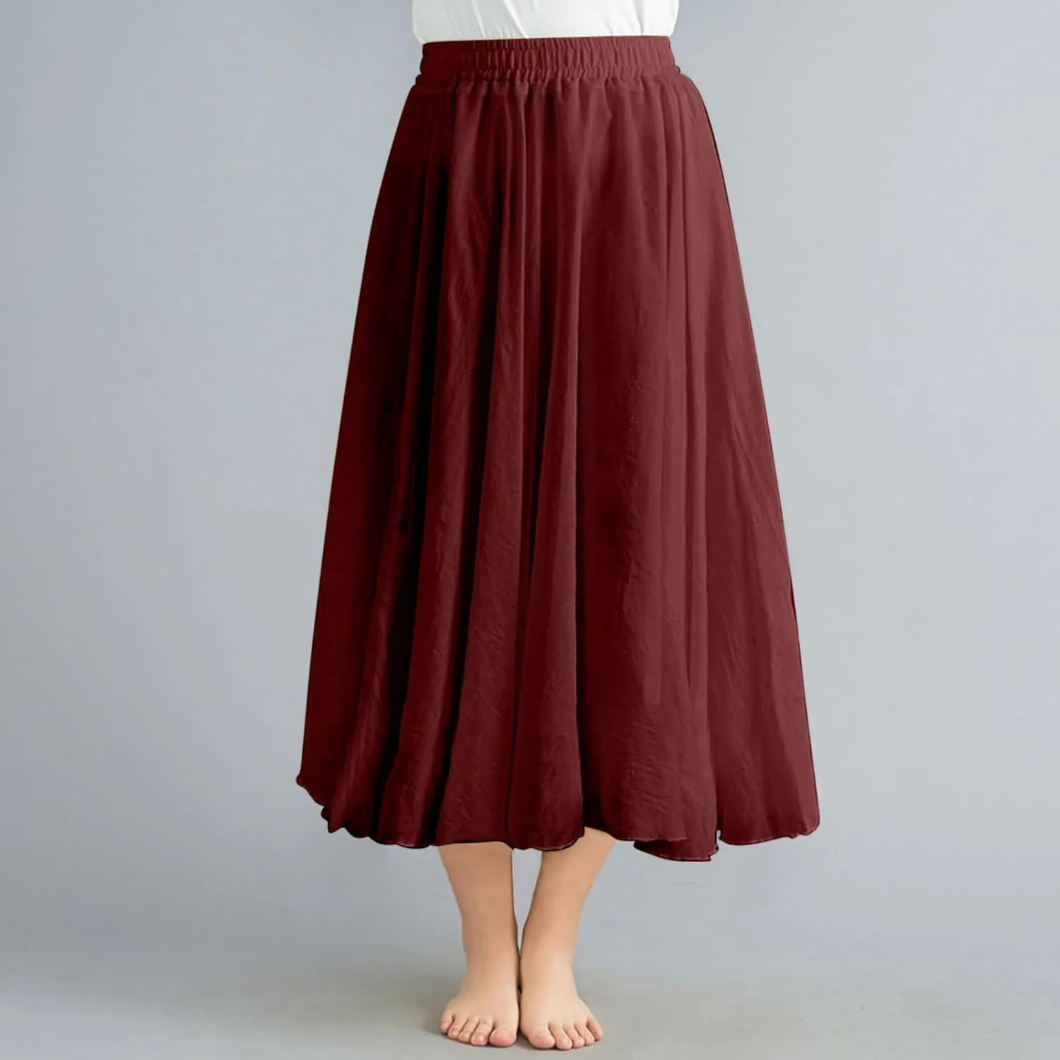 Women's 2025 Summer Linen Skirt Casual Elastic High Waist Flowy Long Skirts Solid Pleated Swing Skirt