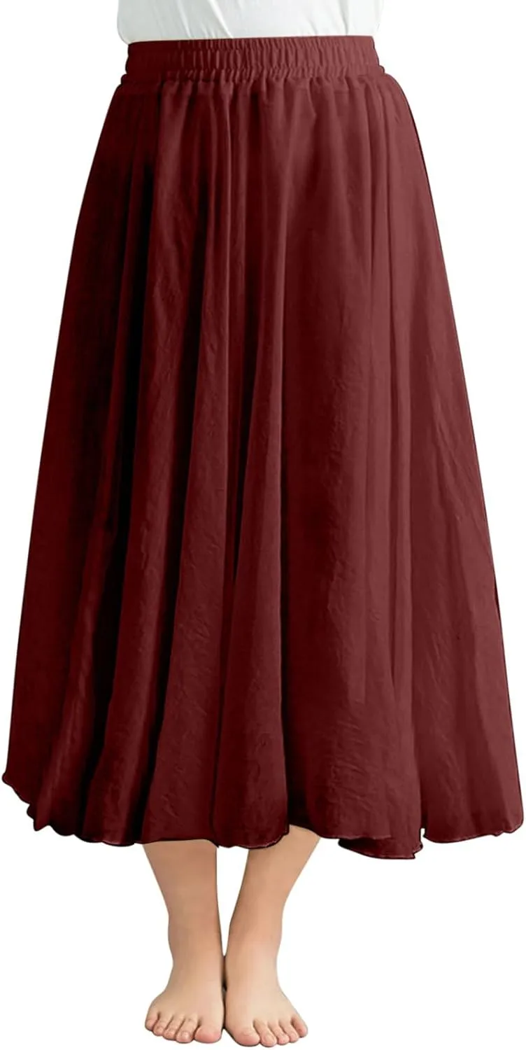Women's 2025 Summer Linen Skirt Casual Elastic High Waist Flowy Long Skirts Solid Pleated Swing Skirt