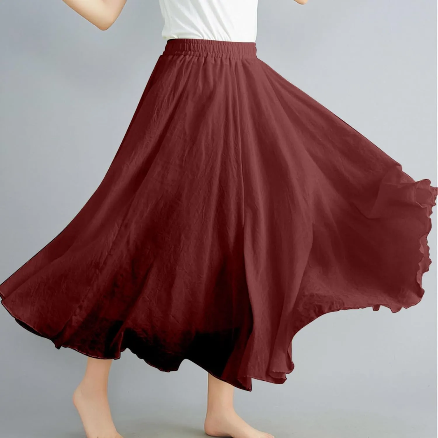Women's 2025 Summer Linen Skirt Casual Elastic High Waist Flowy Long Skirts Solid Pleated Swing Skirt