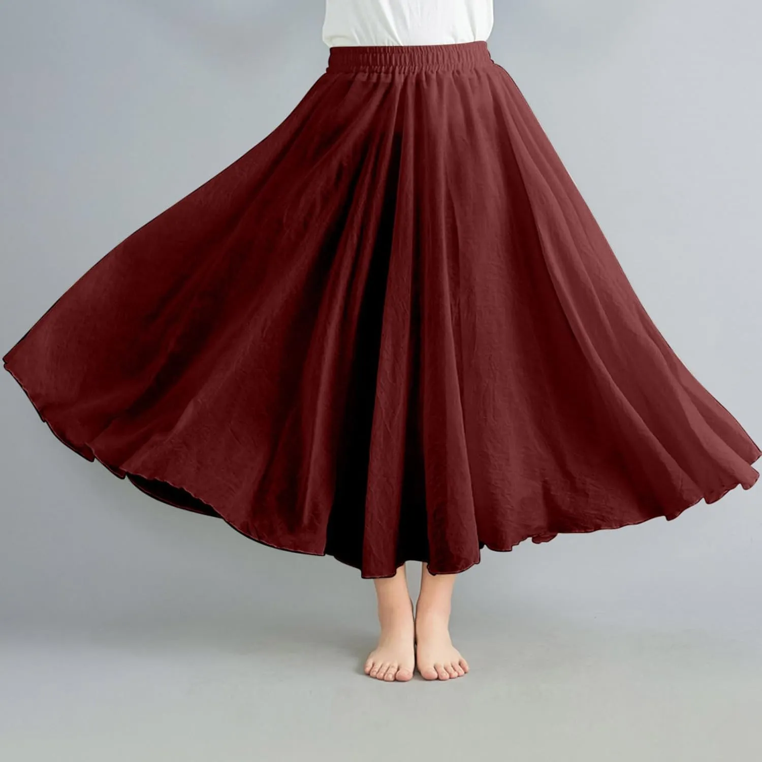 Women's 2025 Summer Linen Skirt Casual Elastic High Waist Flowy Long Skirts Solid Pleated Swing Skirt