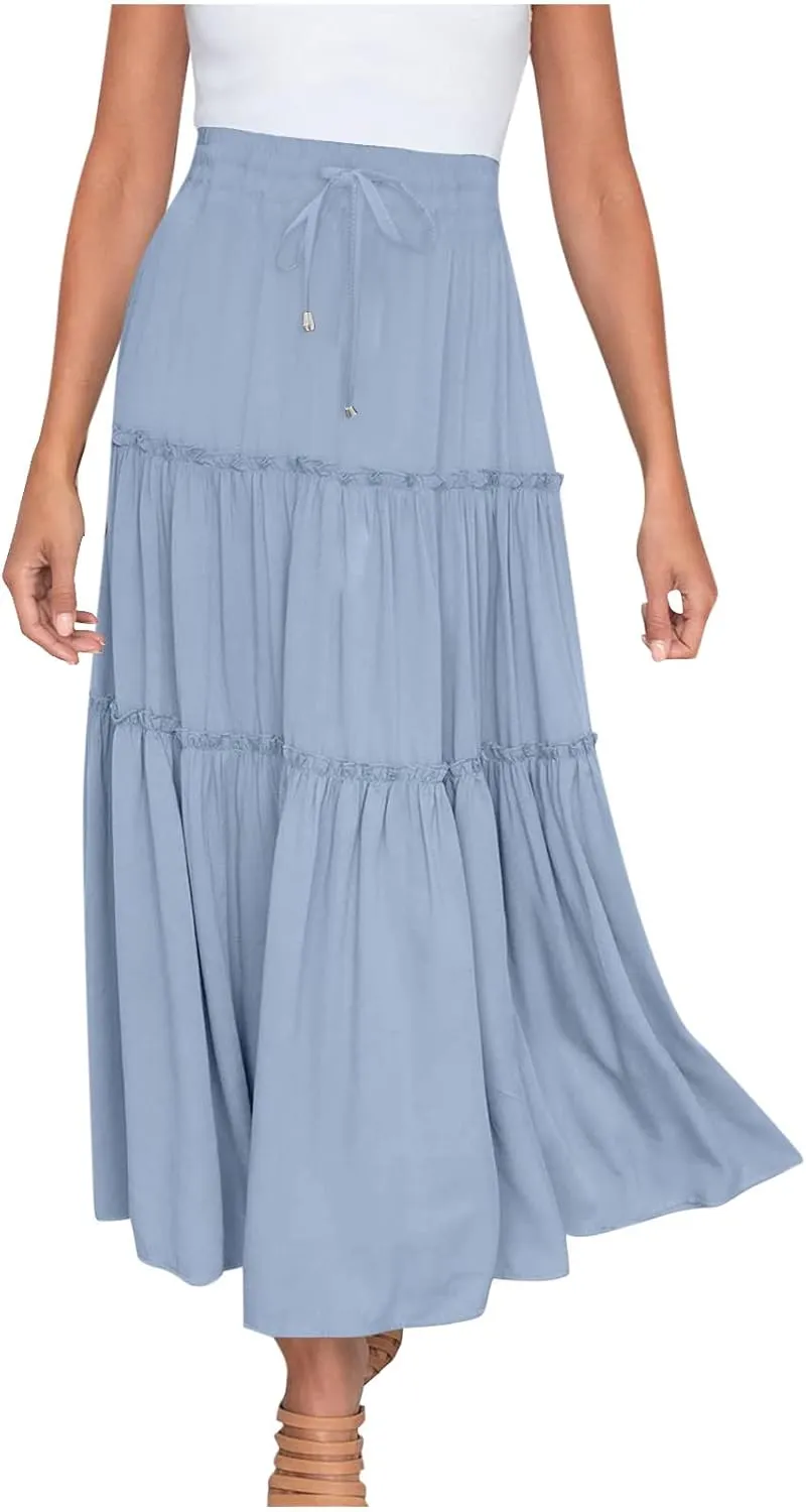 Womens 2025 Summer Long Flowy Skirt Elastic High Waist Boho Casual Maxi Skirt Tie Pleated Ruffle Tiered Skirts