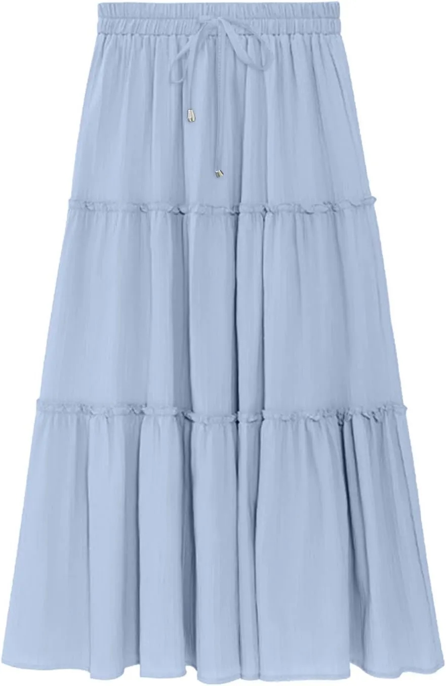Womens 2025 Summer Long Flowy Skirt Elastic High Waist Boho Casual Maxi Skirt Tie Pleated Ruffle Tiered Skirts
