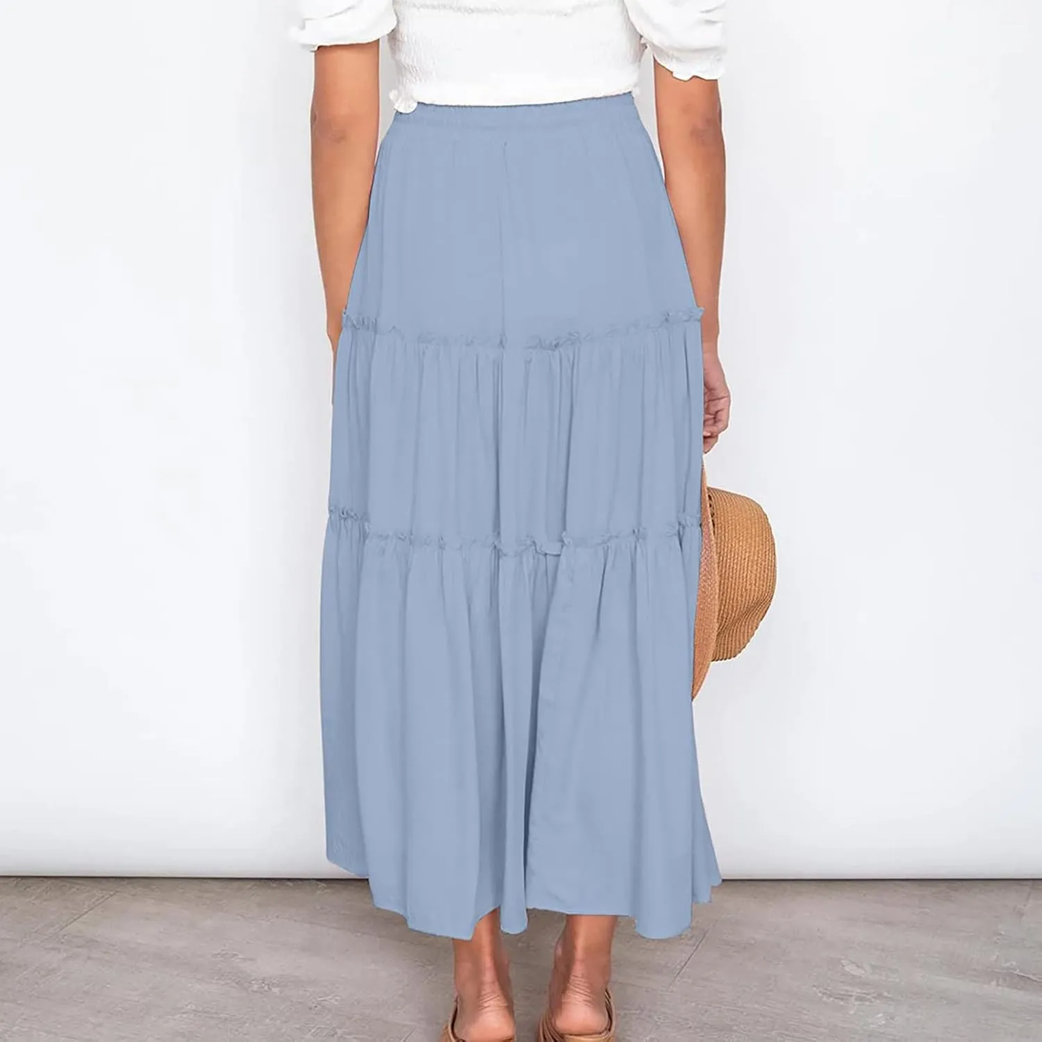 Womens 2025 Summer Long Flowy Skirt Elastic High Waist Boho Casual Maxi Skirt Tie Pleated Ruffle Tiered Skirts