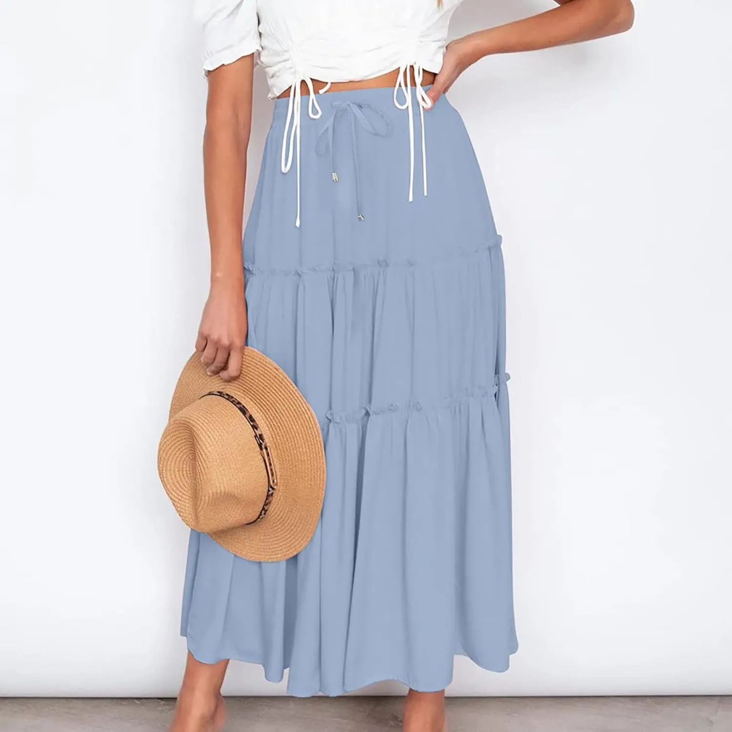 Womens 2025 Summer Long Flowy Skirt Elastic High Waist Boho Casual Maxi Skirt Tie Pleated Ruffle Tiered Skirts