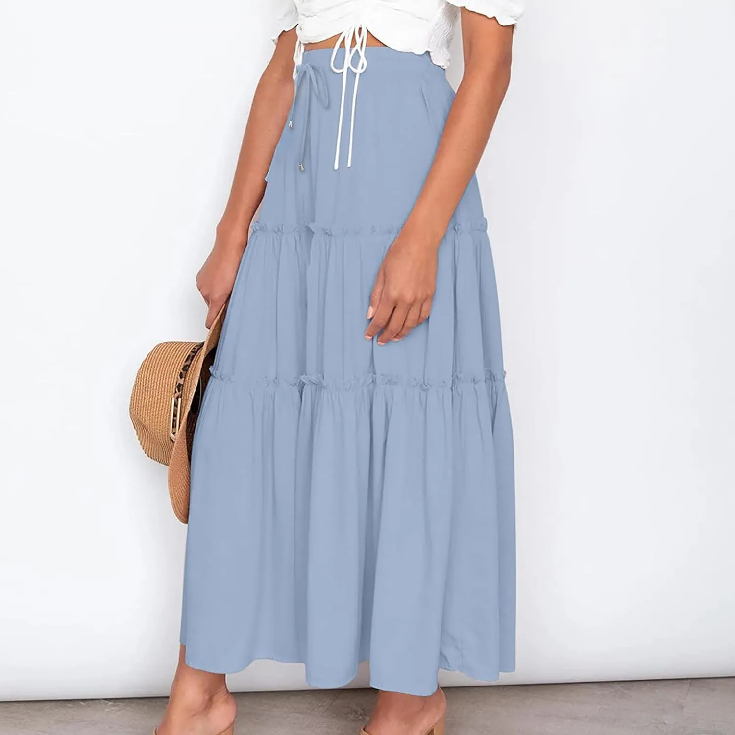 Womens 2025 Summer Long Flowy Skirt Elastic High Waist Boho Casual Maxi Skirt Tie Pleated Ruffle Tiered Skirts