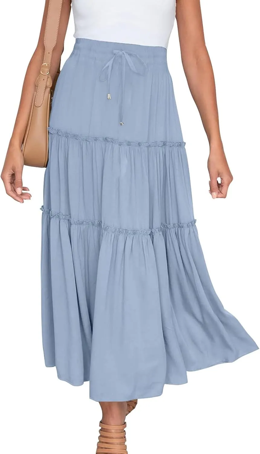 Womens 2025 Summer Long Flowy Skirt Elastic High Waist Boho Casual Maxi Skirt Tie Pleated Ruffle Tiered Skirts