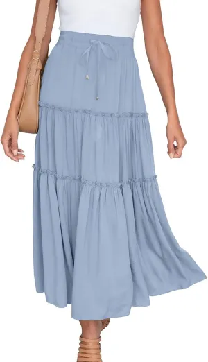 Womens 2025 Summer Long Flowy Skirt Elastic High Waist Boho Casual Maxi Skirt Tie Pleated Ruffle Tiered Skirts