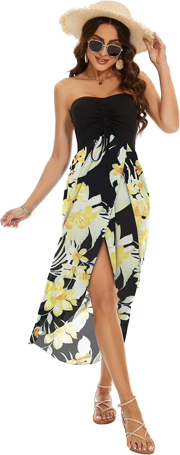 Women's Beach Dress Summer Maxi Sundress Strapless Hawaiian Cover Ups Asymmetrical Wrap Dresses