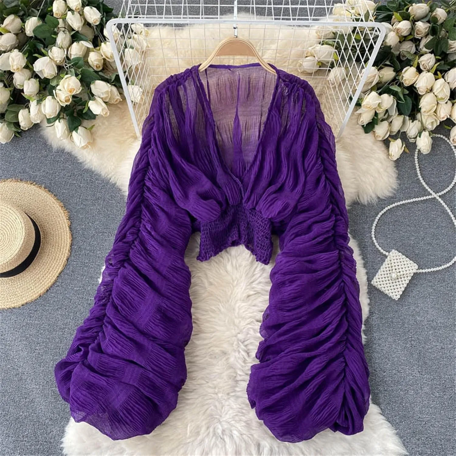 Women's Bell Sleeve Crop Tops Evening Wear Lace Ruched Puffed Sleeve Dressy Blouses Smocked Elastic Hem Chiffon Shirt