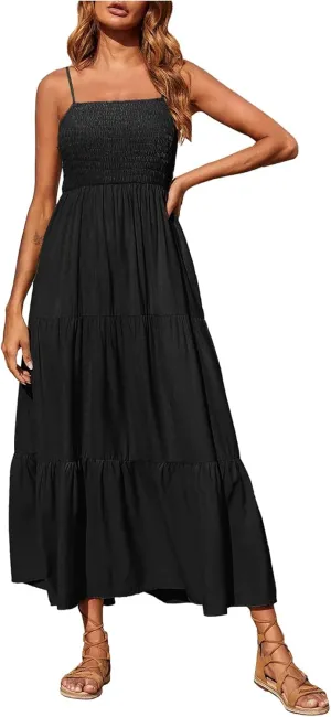 Women's Bohemian Spaghetti Strap Smocked Tiered Long Beach Sun Dresses Sleeveless Solid Maxi Dress