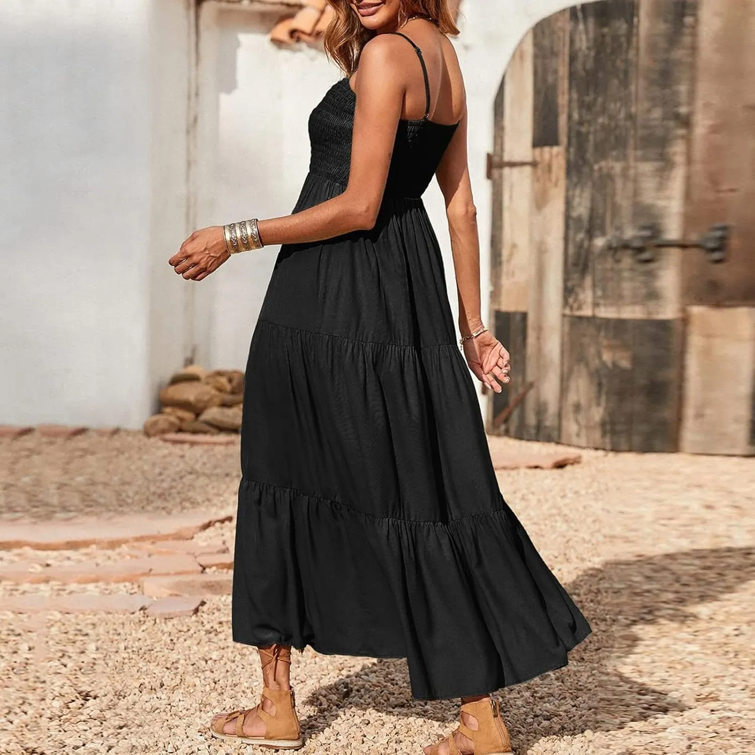 Women's Bohemian Spaghetti Strap Smocked Tiered Long Beach Sun Dresses Sleeveless Solid Maxi Dress
