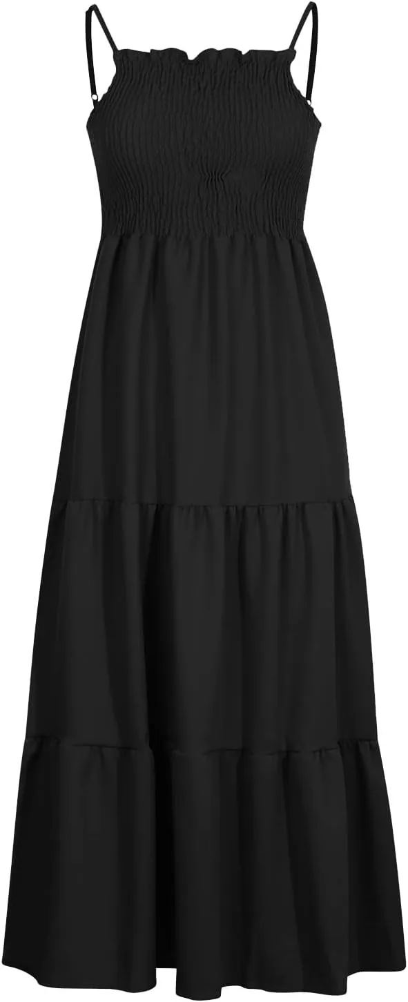 Women's Bohemian Spaghetti Strap Smocked Tiered Long Beach Sun Dresses Sleeveless Solid Maxi Dress