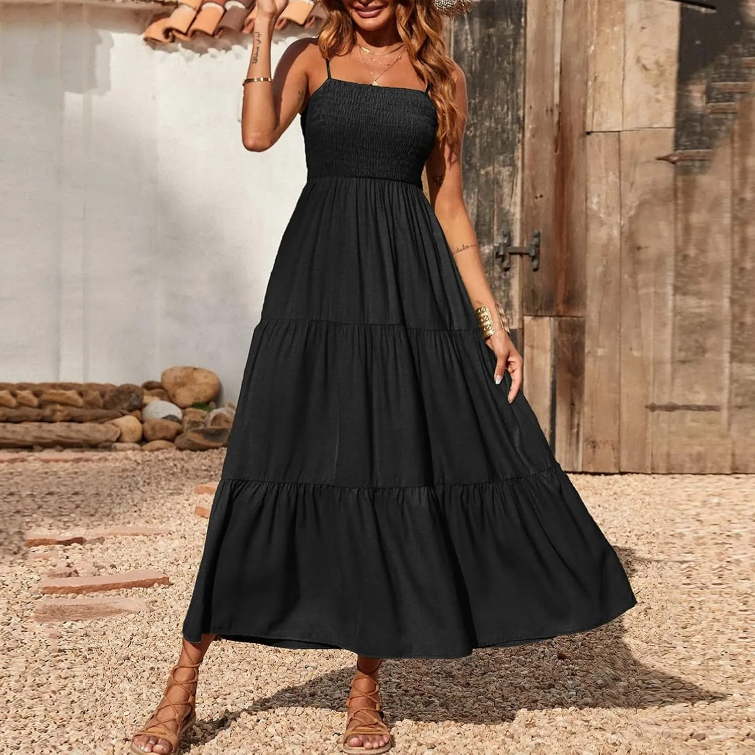 Women's Bohemian Spaghetti Strap Smocked Tiered Long Beach Sun Dresses Sleeveless Solid Maxi Dress