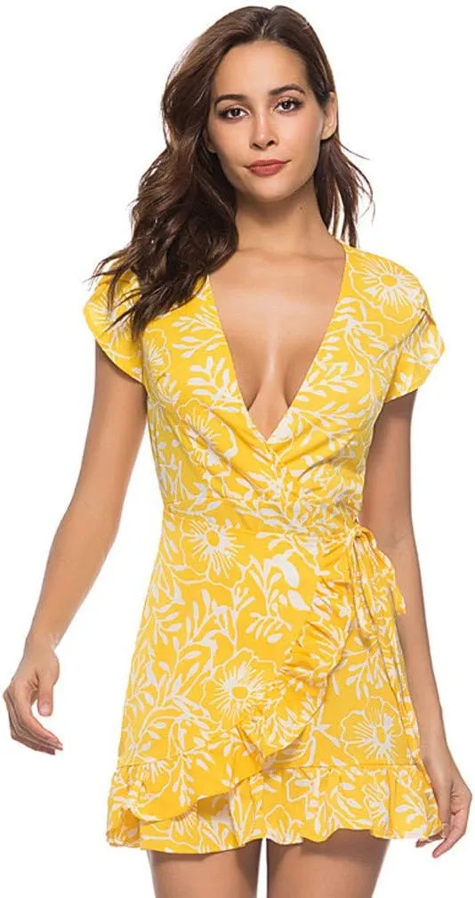 Women's Boho Floral Dress, Vintage Print Party Evening Beach Short Mini Sundress Ankle-Length