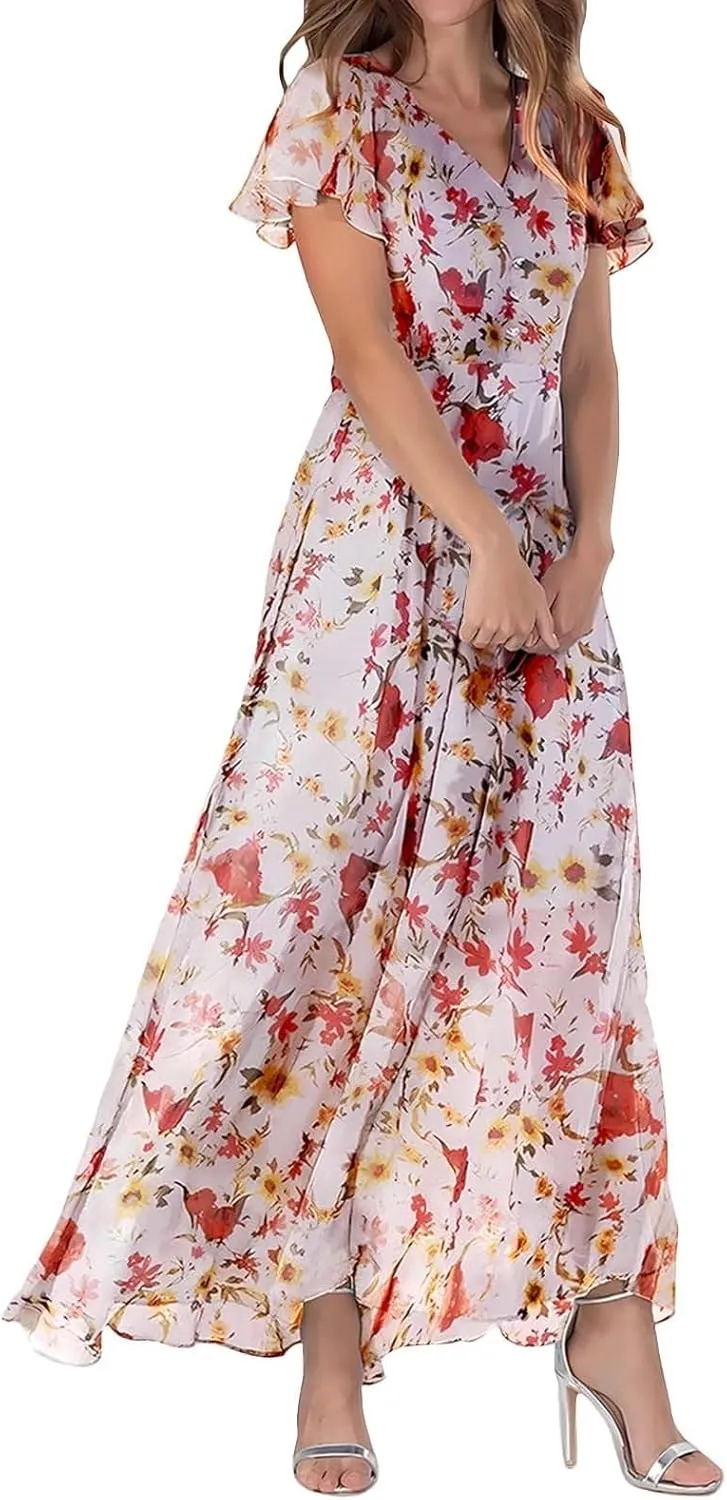 Women's Boho Flowy Short Sleeve Pockets Short Sleeve Dresses Flowy Beach Swing Dress Empire Waist Dress with Pockets