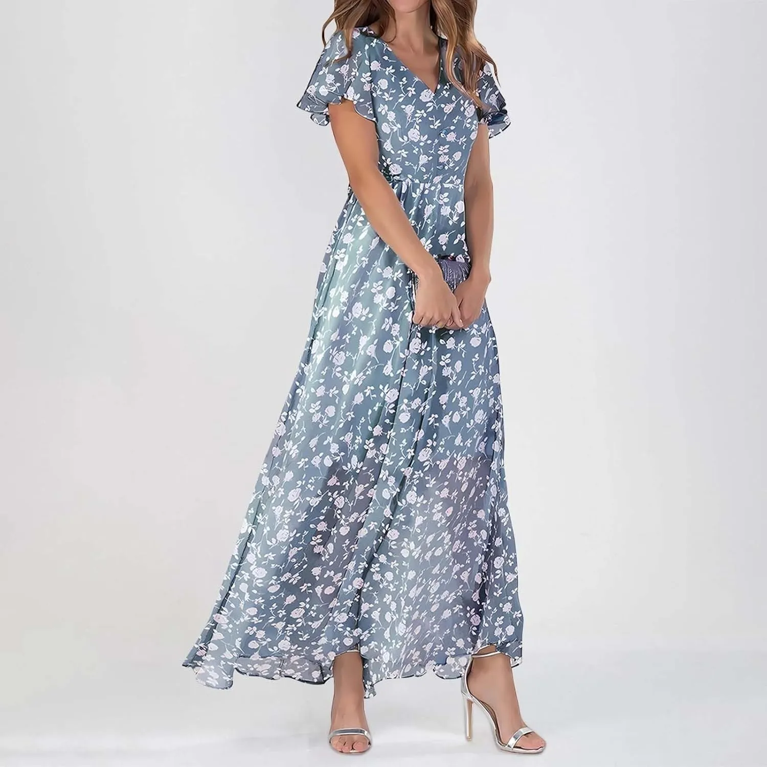 Women's Boho Flowy Short Sleeve Pockets Short Sleeve Dresses Flowy Beach Swing Dress Empire Waist Dress with Pockets