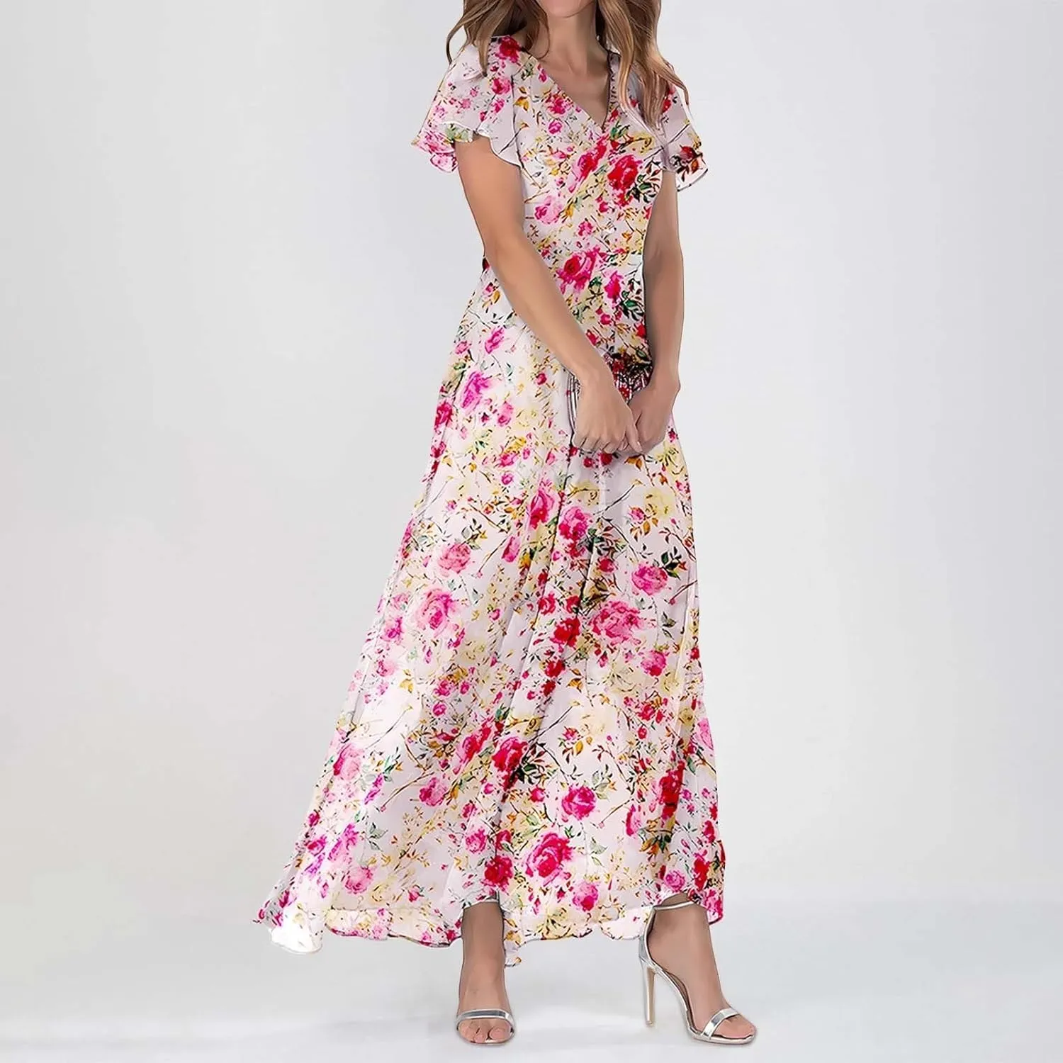 Women's Boho Flowy Short Sleeve Pockets Short Sleeve Dresses Flowy Beach Swing Dress Empire Waist Dress with Pockets