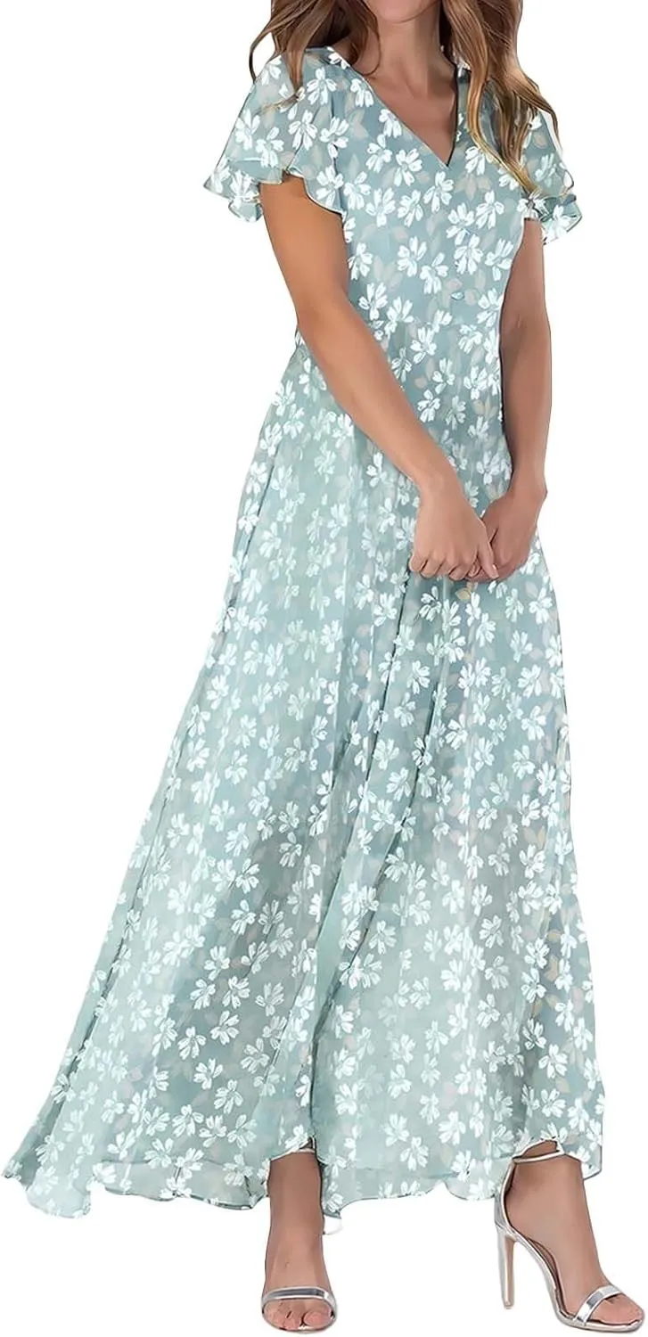 Women's Boho Flowy Short Sleeve Pockets Short Sleeve Dresses Flowy Beach Swing Dress Empire Waist Dress with Pockets