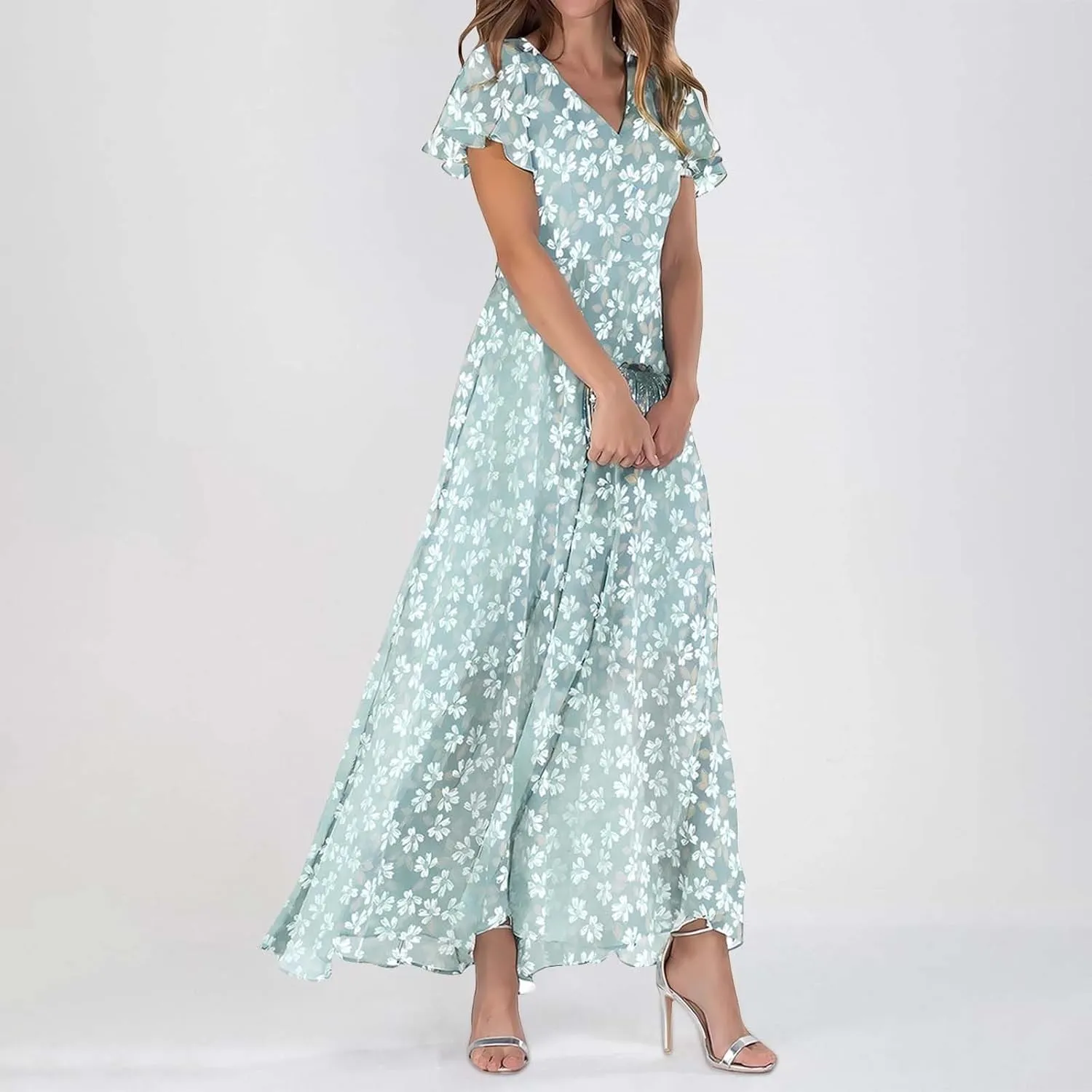 Women's Boho Flowy Short Sleeve Pockets Short Sleeve Dresses Flowy Beach Swing Dress Empire Waist Dress with Pockets